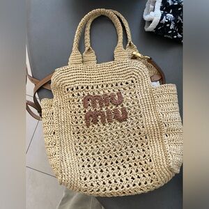 MIU MIU Raffia-effect crochet fabric tote bag